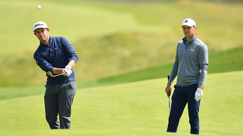 Jordan with Patrick Cantlay during a practice round at Royal Portrush.